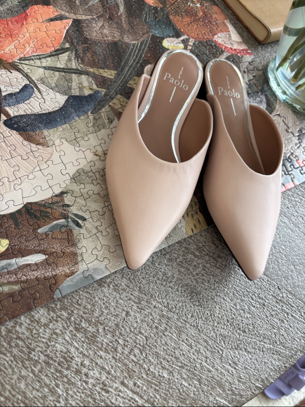 Paolo Nude Pointed Toe Mules | Minimal Chic Slip-On Heels | Size 5.5 - Picture 4 of 6